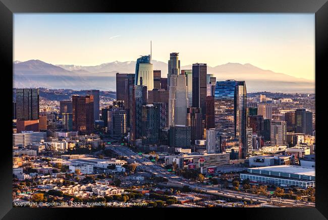 Aerial city sunrise view over Metropolitan Los Angeles  Framed Print by Spotmatik 