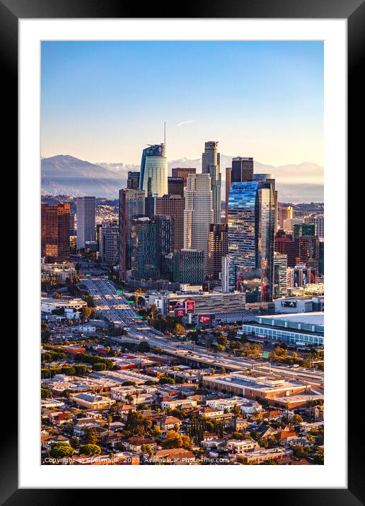 Aerial view sunrise of Los Angeles city skyline  Framed Mounted Print by Spotmatik 