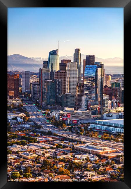 Aerial view sunrise of Los Angeles city skyline  Framed Print by Spotmatik 