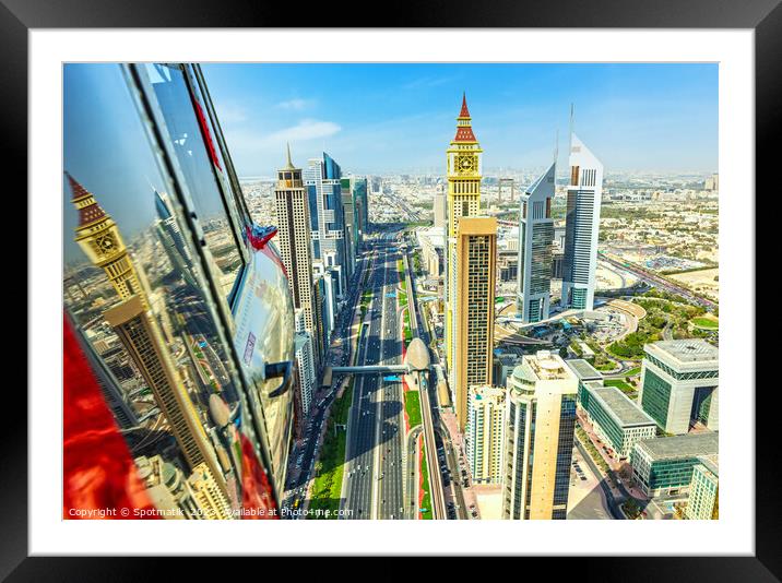 Aerial Helicopter view of Dubai City Skyline UAE Framed Mounted Print by Spotmatik 
