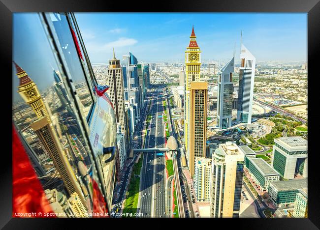 Aerial Helicopter view of Dubai City Skyline UAE Framed Print by Spotmatik 