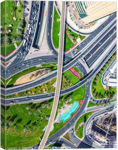Aerial of Dubai junction Intersection Sheikh Zayed Road  Canvas Print by Spotmatik 