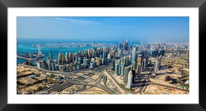 Aerial Dubai city skyscrapers Sheikh Zayed Road Intersection Framed Mounted Print by Spotmatik 