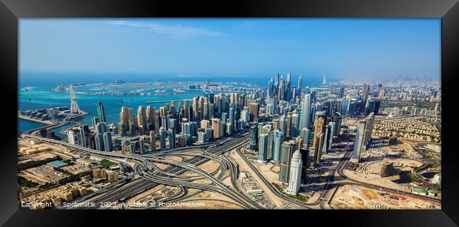 Aerial Dubai city skyscrapers Sheikh Zayed Road Intersection Framed Print by Spotmatik 