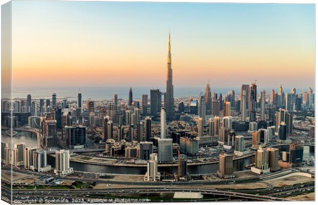 Aerial view Dubai city skyscrapers Burj Khalifa UAE Canvas Print by Spotmatik 