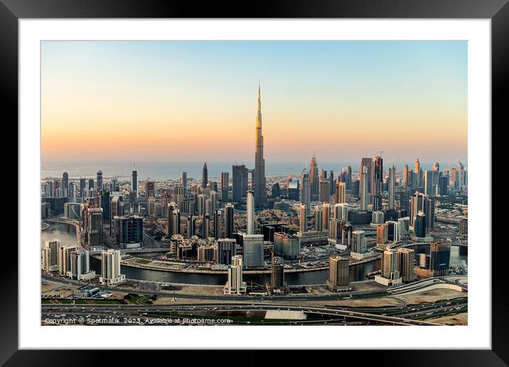 Aerial view Dubai city skyscrapers Burj Khalifa UAE Framed Mounted Print by Spotmatik 