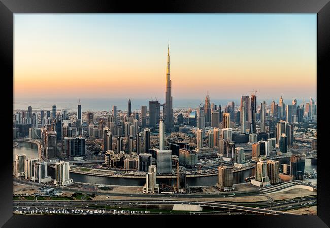 Aerial view Dubai city skyscrapers Burj Khalifa UAE Framed Print by Spotmatik 