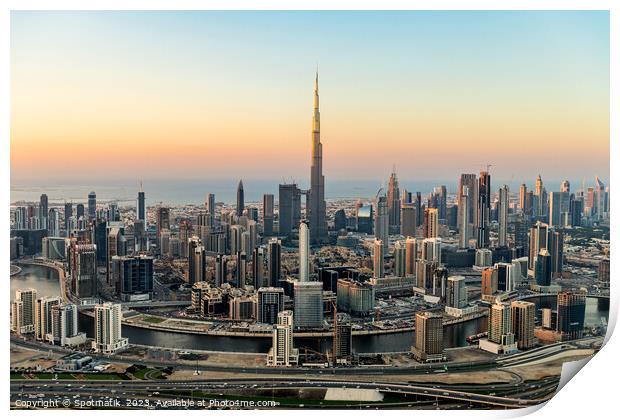 Aerial view Dubai city skyscrapers Burj Khalifa UAE Print by Spotmatik 
