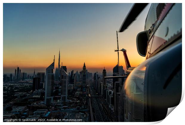 Aerial Dubai sunset helicopter flying Sheikh Zayed Road Print by Spotmatik 