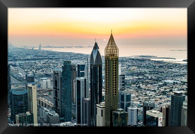 Aerial Dubai sunset Persian Gulf coastline skyscrapers UAE Framed Print by Spotmatik 