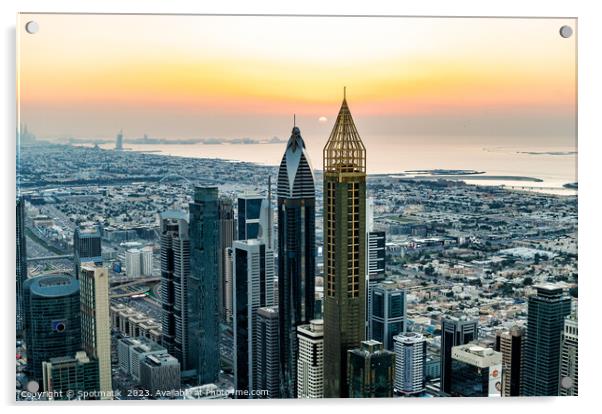 Aerial Dubai sunset Persian Gulf coastline skyscrapers UAE Acrylic by Spotmatik 