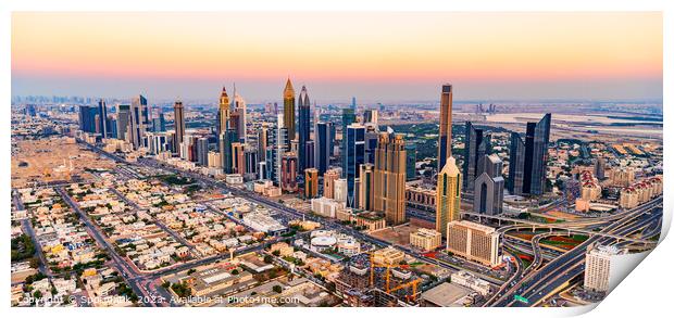 Aerial cityscape sunset view of Dubai city UAE Print by Spotmatik 