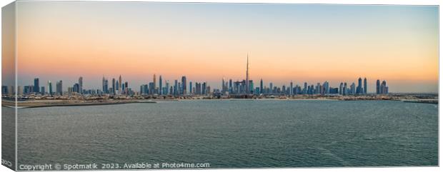 Aerial Panoramic sunset view of Dubai city skyscrapers  Canvas Print by Spotmatik 