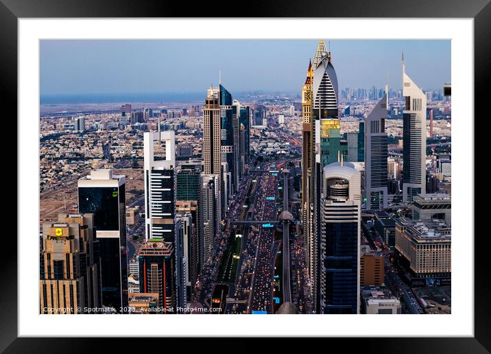 Aerial sunset view Sheikh Zayed Road Highway Dubai  Framed Mounted Print by Spotmatik 
