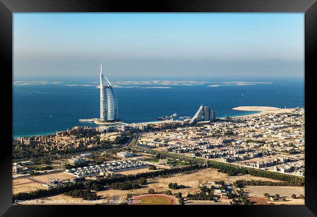 Aerial Burj Al Arab luxury Hotel complex UAE  Framed Print by Spotmatik 