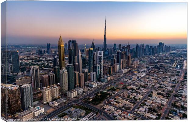 Aerial skyline view of Dubai city skyscrapers UAE Canvas Print by Spotmatik 