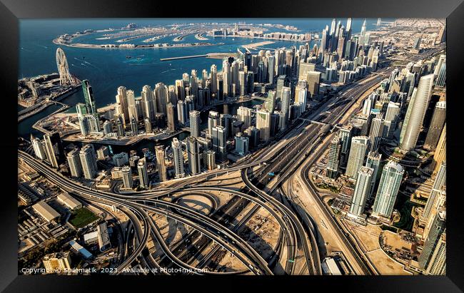 Aerial Dubai highway junction Sheikh Zayed Road UAE Framed Print by Spotmatik 