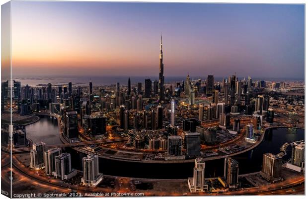 Aerial sunset view Dubai Skyline Burj Khalifa Skyscraper  Canvas Print by Spotmatik 