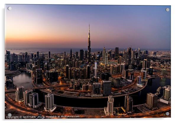 Aerial sunset view Dubai Skyline Burj Khalifa Skyscraper  Acrylic by Spotmatik 