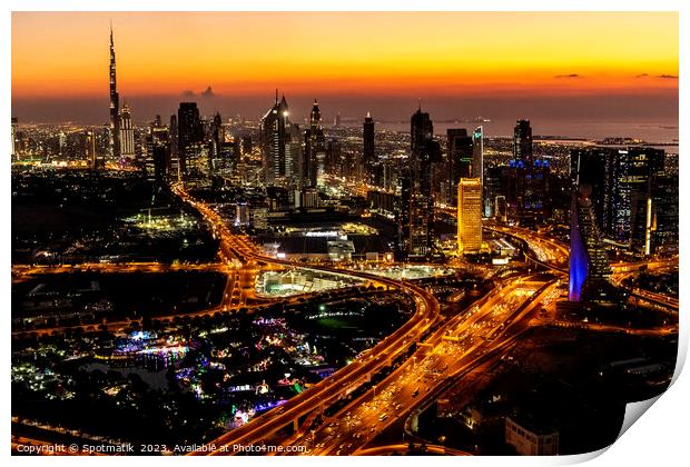Aerial view of illuminated Dubai at sunset UAE  Print by Spotmatik 