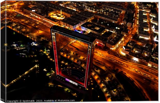 Aerial illuminated night view Dubai city Frame UAE  Canvas Print by Spotmatik 