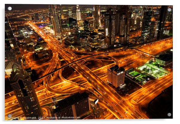 Aerial Dubai view at night Sheikh Zayed Road  Acrylic by Spotmatik 