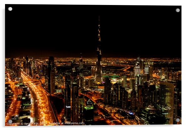 Aerial Dubai illuminated night view of Burj Khalifa  Acrylic by Spotmatik 