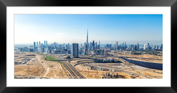 Aerial Panorama view Dubai center city skyscrapers UAE Framed Mounted Print by Spotmatik 
