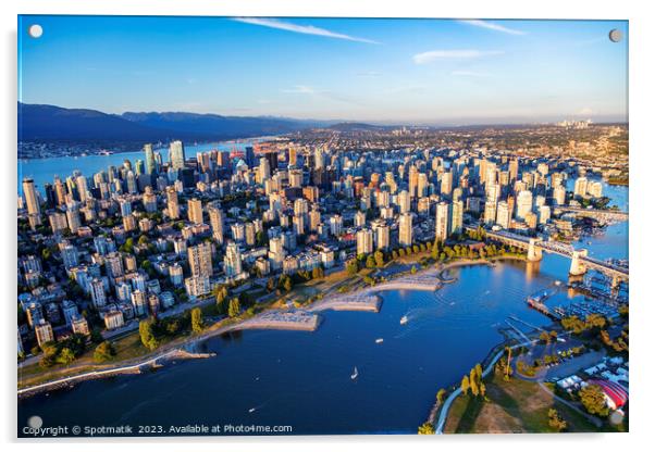 Aerial Vancouver skyscrapers English Bay Burrard Street Bridge  Acrylic by Spotmatik 