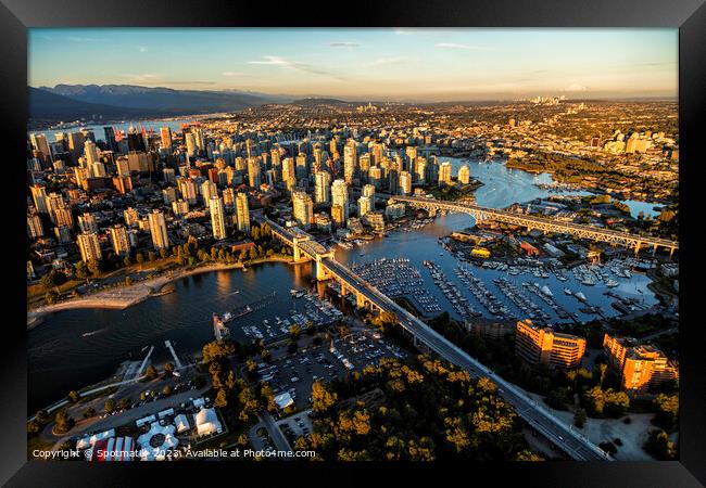 Aerial Vancouver city skyscrapers Burrard Street Bridge Canada Framed Print by Spotmatik 