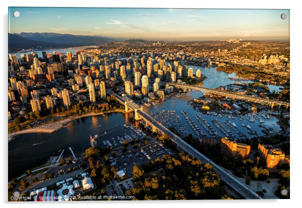 Aerial Vancouver city skyscrapers Burrard Street Bridge Canada Acrylic by Spotmatik 