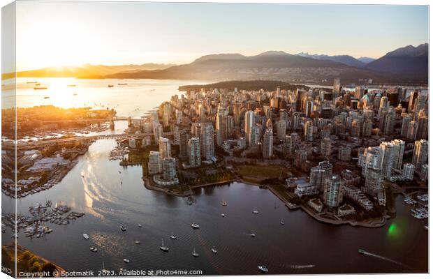 Aerial sunset Vancouver city skyscrapers English Bay Canada Canvas Print by Spotmatik 