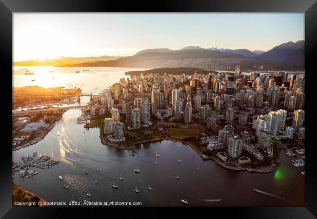 Aerial sunset Vancouver city skyscrapers English Bay Canada Framed Print by Spotmatik 
