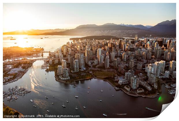 Aerial sunset Vancouver city skyscrapers English Bay Canada Print by Spotmatik 