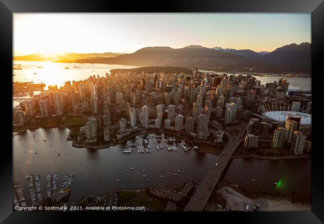 Aerial sunset Vancouver skyscrapers BC Place Stadium Canada Framed Print by Spotmatik 