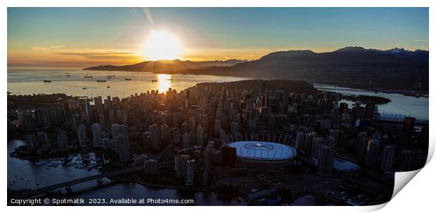 Aerial at sunset over Vancouver BC Place Stadium  Print by Spotmatik 