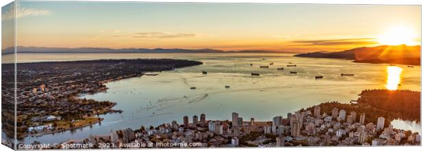 Aerial sunset Panorama view over Vancouver Burrard Inlet  Canvas Print by Spotmatik 