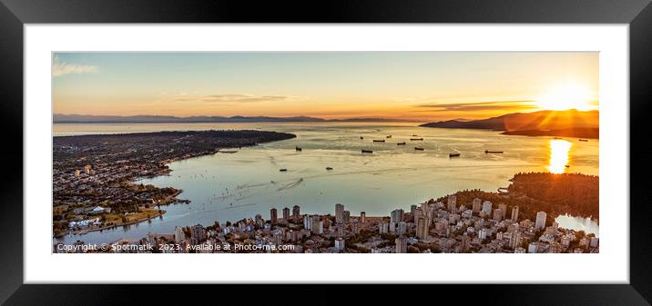 Aerial sunset Panorama view over Vancouver Burrard Inlet  Framed Mounted Print by Spotmatik 