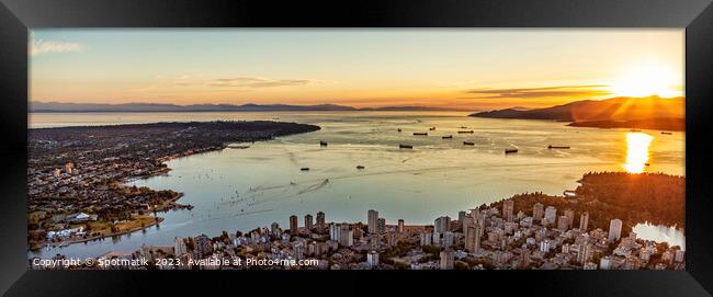 Aerial sunset Panorama view over Vancouver Burrard Inlet  Framed Print by Spotmatik 