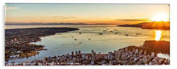 Aerial sunset Panorama view over Vancouver Burrard Inlet  Acrylic by Spotmatik 