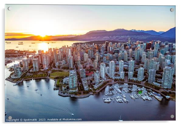 Aerial sunset over Vancouver skyscrapers False Creek Canada Acrylic by Spotmatik 