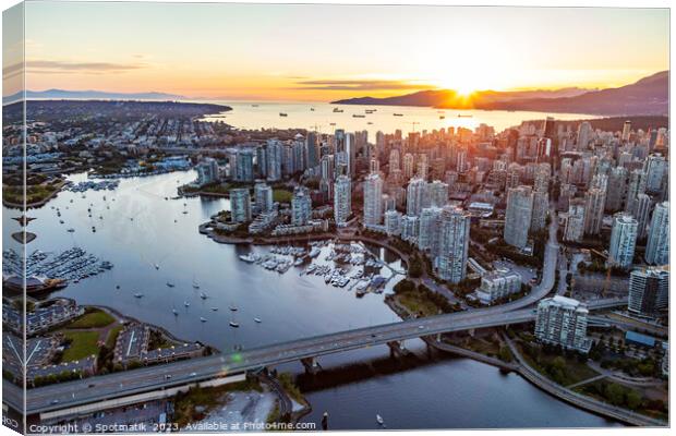 Aerial sunset view Vancouver skyscrapers Cambie Bridge Canada Canvas Print by Spotmatik 
