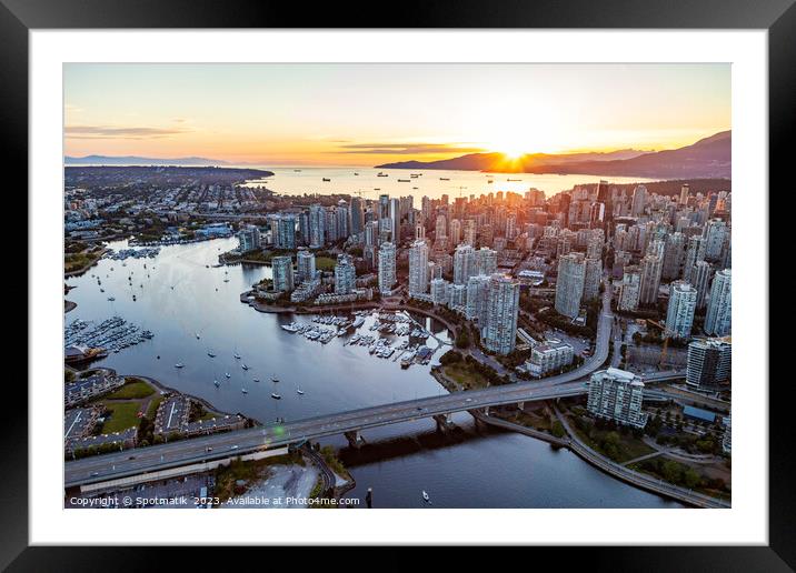 Aerial sunset view Vancouver skyscrapers Cambie Bridge Canada Framed Mounted Print by Spotmatik 