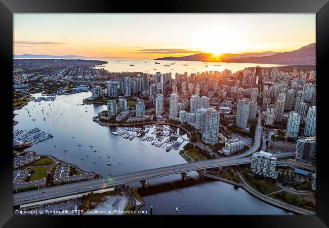 Aerial sunset view Vancouver skyscrapers Cambie Bridge Canada Framed Print by Spotmatik 