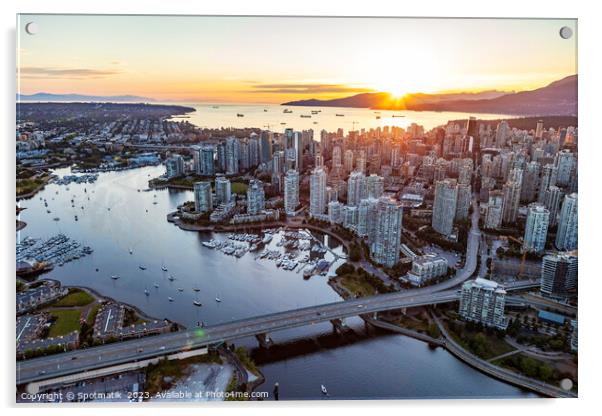 Aerial sunset view Vancouver skyscrapers Cambie Bridge Canada Acrylic by Spotmatik 