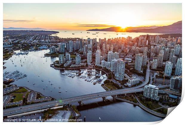 Aerial sunset view Vancouver skyscrapers Cambie Bridge Canada Print by Spotmatik 