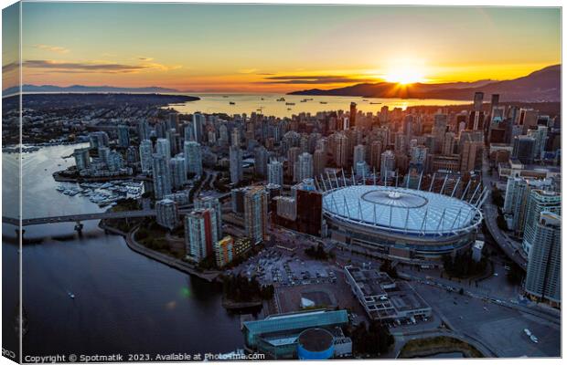 Aerial Vancouver sunset over BC Place Stadium Canada Canvas Print by Spotmatik 