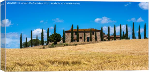 Tuscan stone farmhouse with cypress trees panorama Canvas Print by Angus McComiskey
