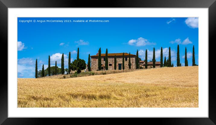 Tuscan stone farmhouse with cypress trees panorama Framed Mounted Print by Angus McComiskey