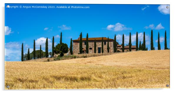 Tuscan stone farmhouse with cypress trees panorama Acrylic by Angus McComiskey